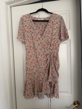 BB Dakota White Floral Mini Wrap Dress with Red & Yellow Accents